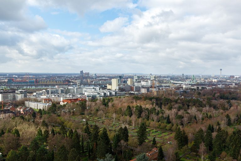 Ulla Anne Giesen Fotografie – Dokumentarfotografie Raum Nordrhein-Westfalen – Bereich Arbeit - Abbildung: KÖLNER BUCHT, Köln, Friedhof im Stadtteil Deutz, Frühling, Stadtpanorama